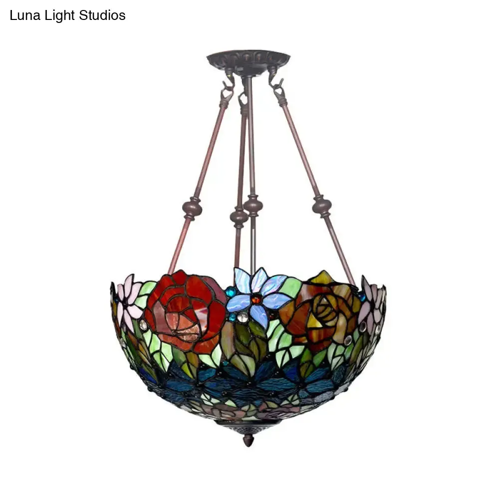 Victorian Bronze Ceiling Light Fixture with Stained Glass Dome Shade - 2-Light Semi Flush for Living Room