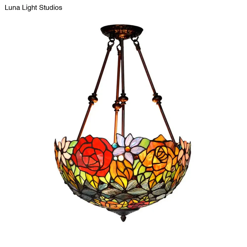 Victorian Bronze Ceiling Light Fixture with Stained Glass Dome Shade - 2-Light Semi Flush for Living Room