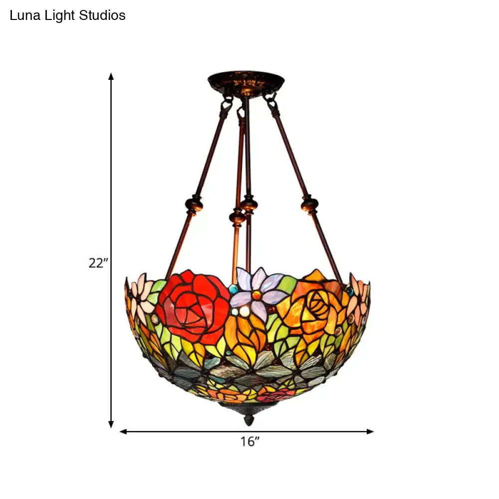 Victorian Bronze Ceiling Light Fixture with Stained Glass Dome Shade - 2-Light Semi Flush for Living Room
