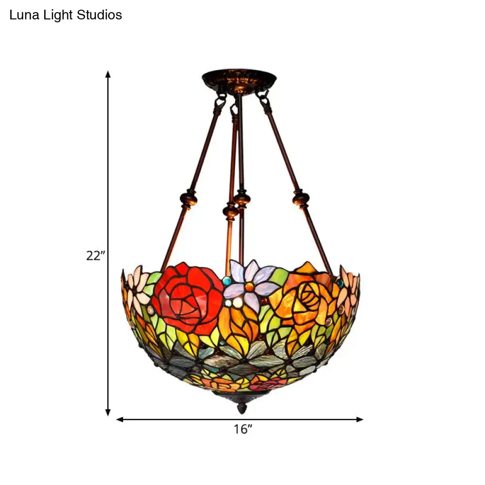 Victorian Bronze Ceiling Light Fixture with Stained Glass Dome Shade - 2-Light Semi Flush for Living Room