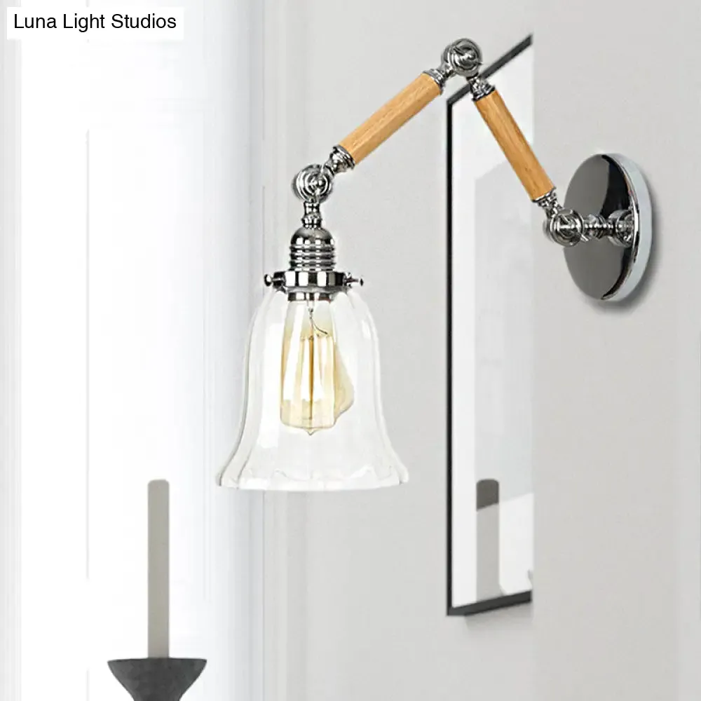 Vintage Chrome Wall Sconce with Flared Clear Prismatic Glass and Wood Arm