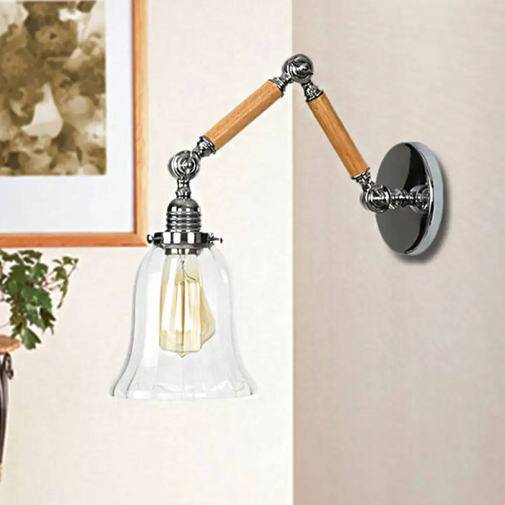Vintage Chrome Wall Sconce with Flared Clear Prismatic Glass and Wood Arm