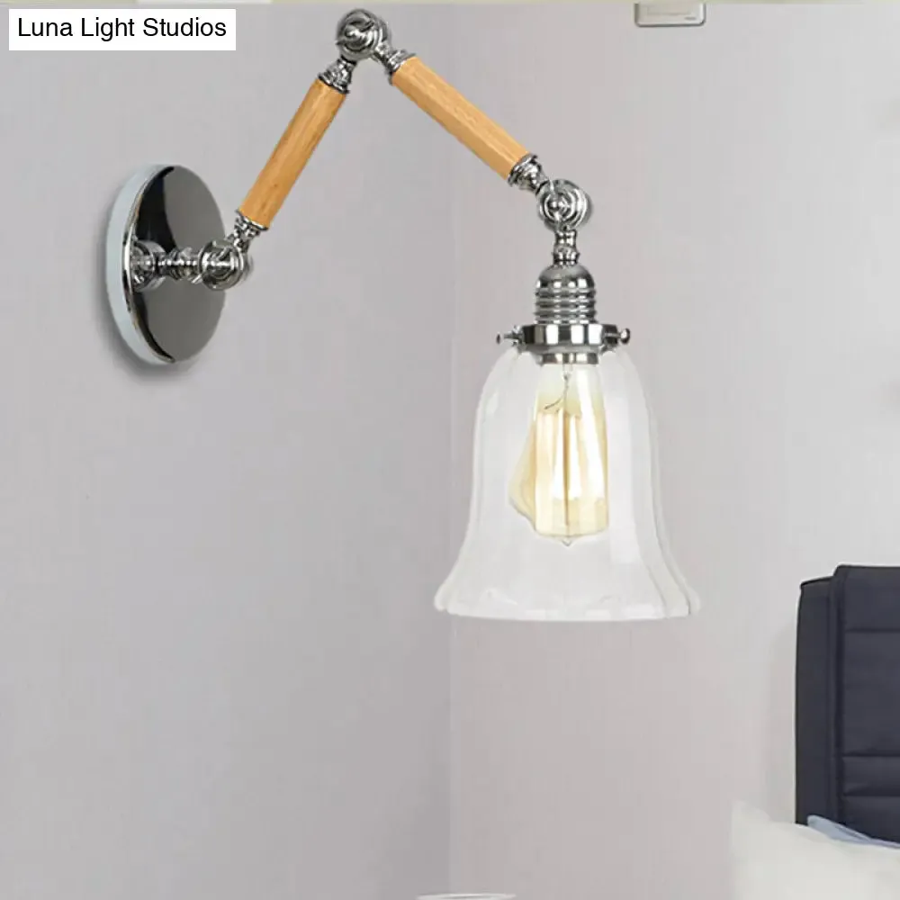 Vintage Chrome Wall Sconce with Flared Clear Prismatic Glass and Wood Arm