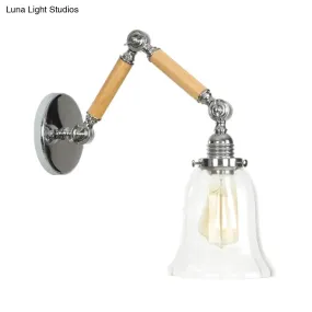Vintage Chrome Wall Sconce with Flared Clear Prismatic Glass and Wood Arm