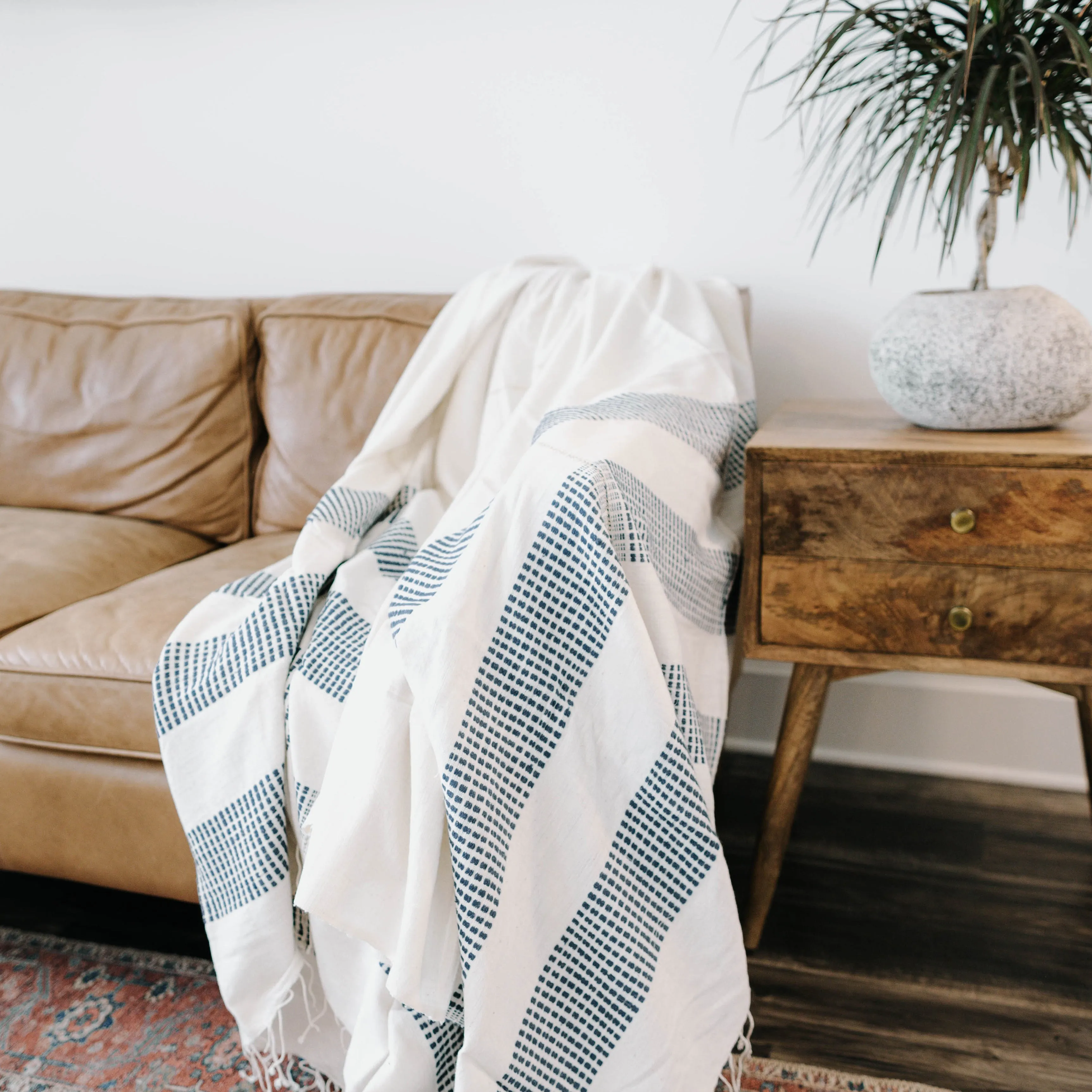 White & Blue 3 Panel Fair Trade Dotted Cotton Bed Cover (Queen) by Creative Women Handwoven Textiles