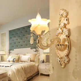 White Glass Wall Sconce with Crystal Draping, Brass Mount - Traditional Candle Style Lighting (1/2 Heads)
