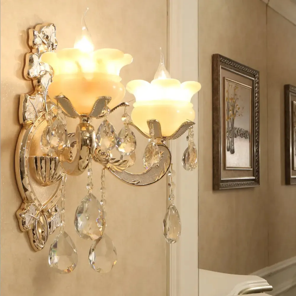 White Glass Wall Sconce with Crystal Draping, Brass Mount - Traditional Candle Style Lighting (1/2 Heads)