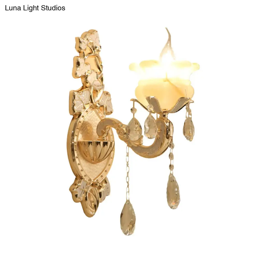White Glass Wall Sconce with Crystal Draping, Brass Mount - Traditional Candle Style Lighting (1/2 Heads)