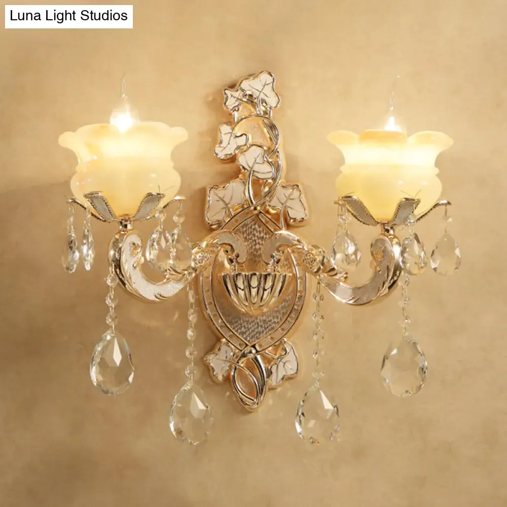 White Glass Wall Sconce with Crystal Draping, Brass Mount - Traditional Candle Style Lighting (1/2 Heads)