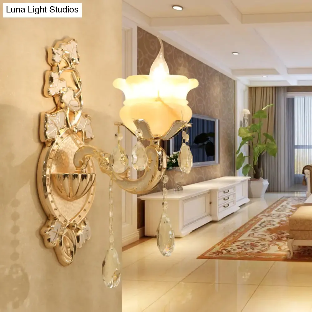 White Glass Wall Sconce with Crystal Draping, Brass Mount - Traditional Candle Style Lighting (1/2 Heads)