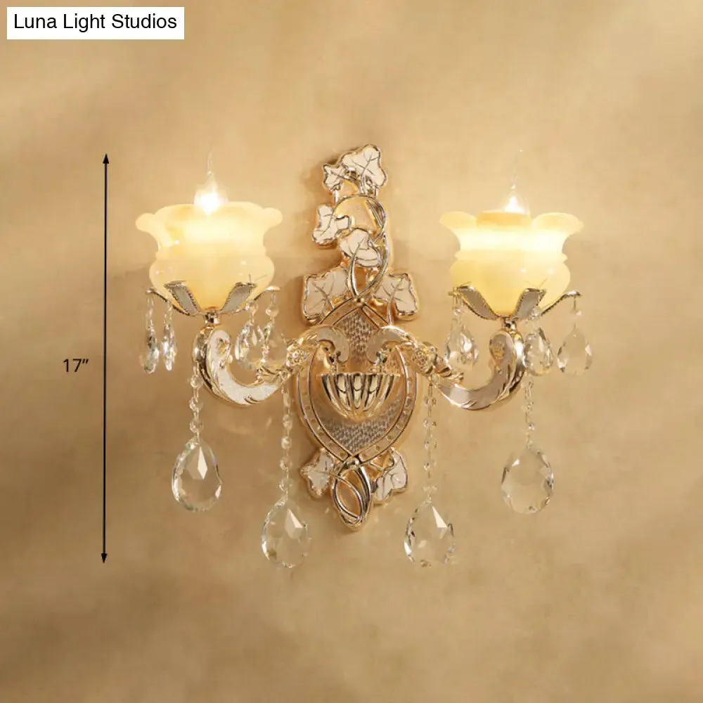 White Glass Wall Sconce with Crystal Draping, Brass Mount - Traditional Candle Style Lighting (1/2 Heads)