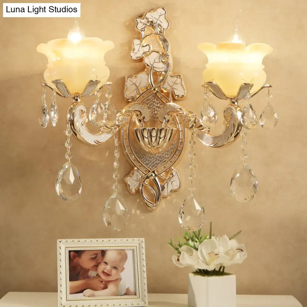 White Glass Wall Sconce with Crystal Draping, Brass Mount - Traditional Candle Style Lighting (1/2 Heads)