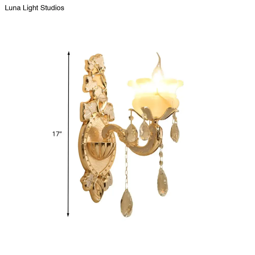 White Glass Wall Sconce with Crystal Draping, Brass Mount - Traditional Candle Style Lighting (1/2 Heads)