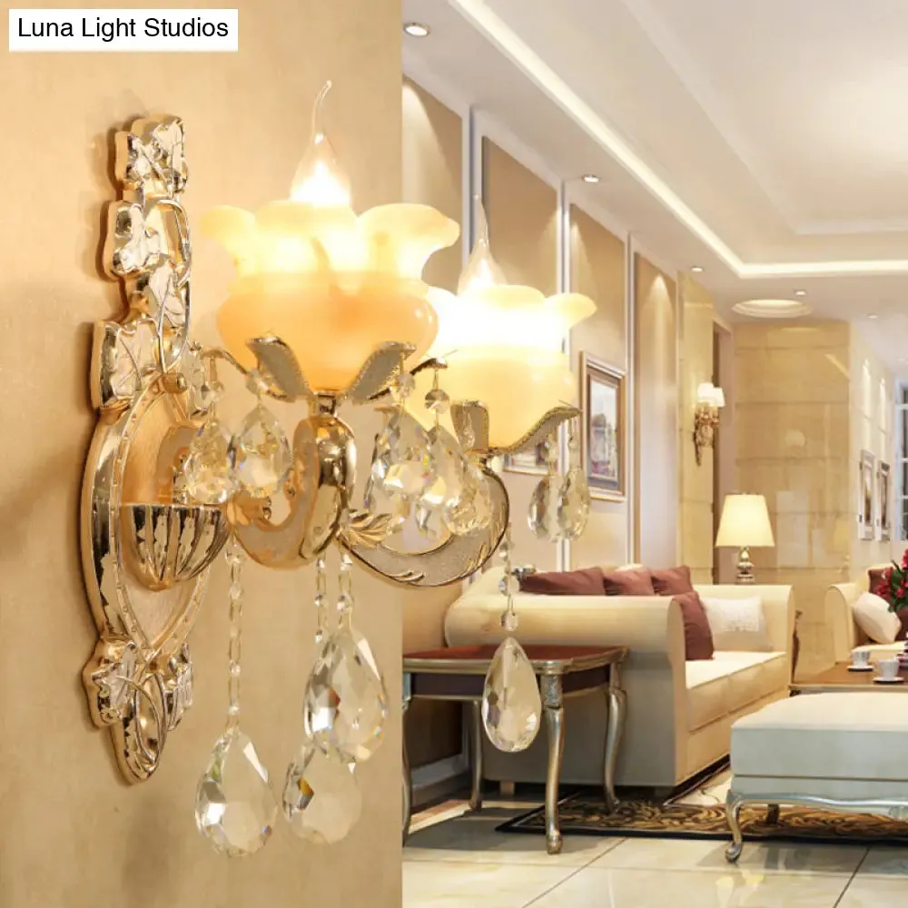 White Glass Wall Sconce with Crystal Draping, Brass Mount - Traditional Candle Style Lighting (1/2 Heads)