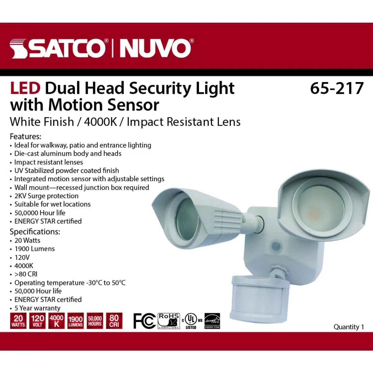 White LED Security Light - Dual Head - 4000K - with Motion Sensor - 120V