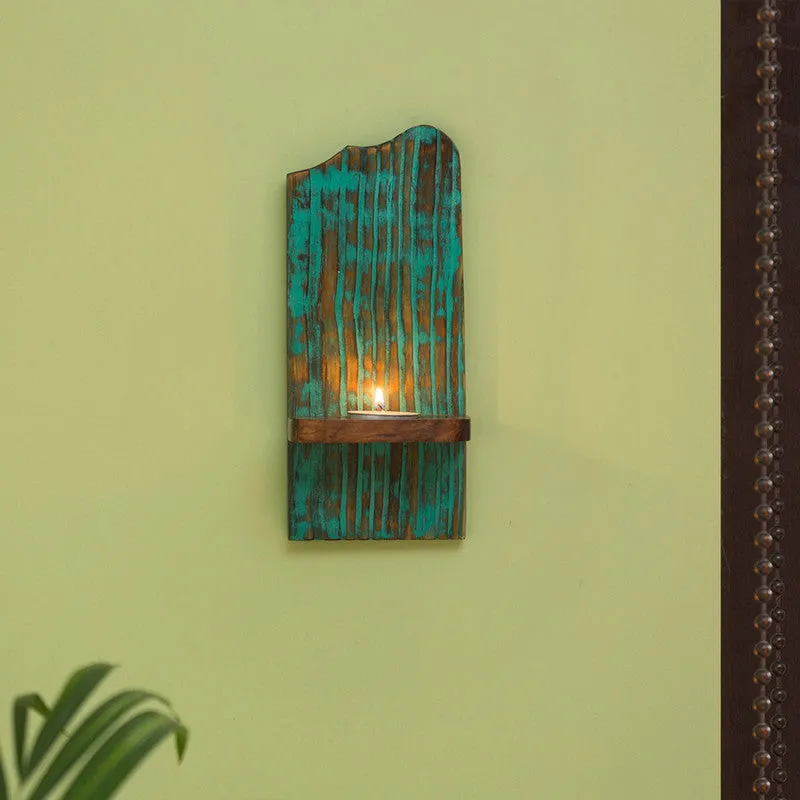 Wooden Wall Tea Light Candle Holder | Antique Finish | Teal Blue