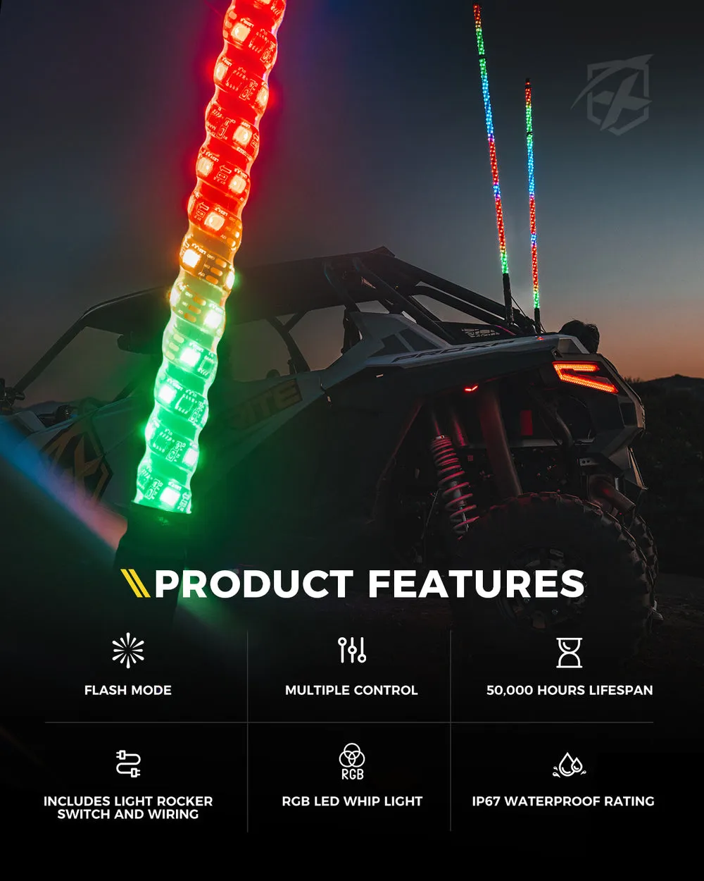 Xprite RGB LED Whip Lights w/ Spring Mount & U.S. Flag / Xprite Flag - Multiple Length Options